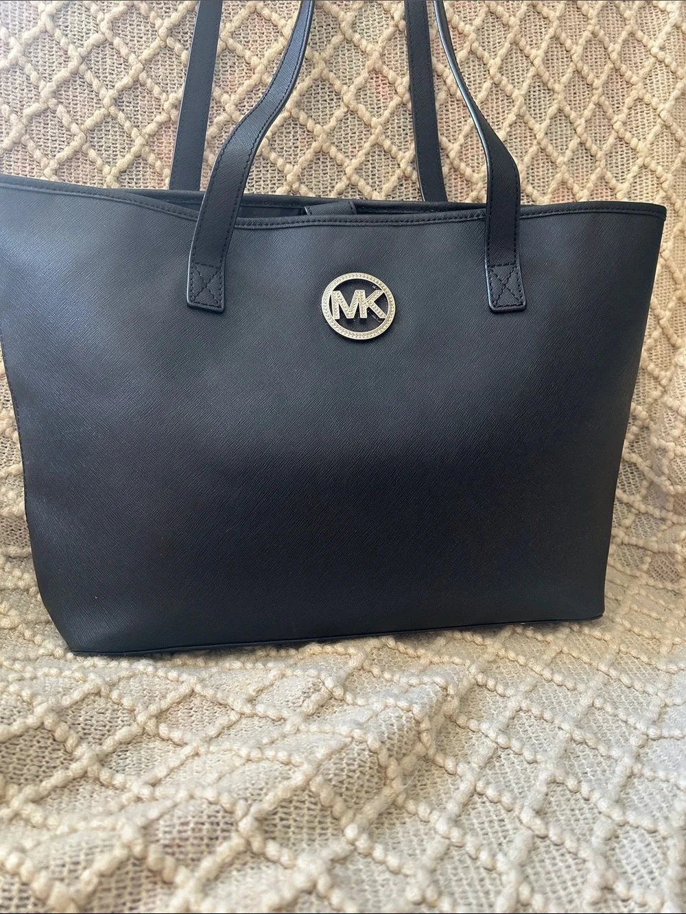 Michael Kors Black Saffiano Leather Tote with MK Medallion in Rhinestones